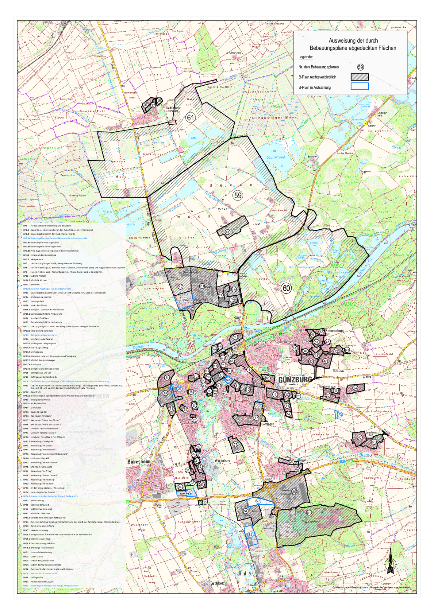 Übersicht aller Bebauungspläne in Günzburg. Quellenangabe: Geobasisdaten - Bayerische Vermessungsverwaltung